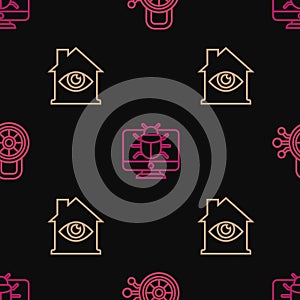 Set line Cyber security, House with eye scan and System bug on monitor on seamless pattern. Vector