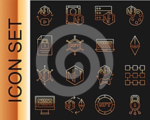Set line Cyber security, NFT blockchain technology, Ethereum ETH, Document and, Digital crypto art and Binary code icon