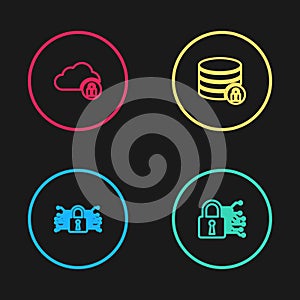 Set line Cyber security, , Server with lock and Cloud computing icon. Vector