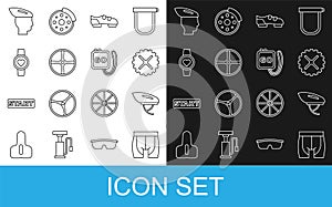 Set line Cycling shorts, Bicycle helmet, sprocket crank, shoes, wheel, Smart watch, and Stopwatch icon. Vector