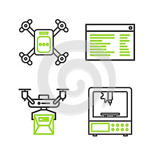 Set line 3D printer, Drone delivery concept, Software, web developer programming code and flying with action camera icon