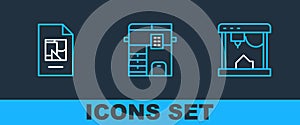 Set line 3D printer, File document and Copy machine icon. Vector