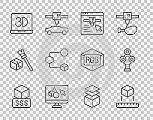 Set line 3D printer services, Isometric cube, setting, software, Layers and scanner icon. Vector