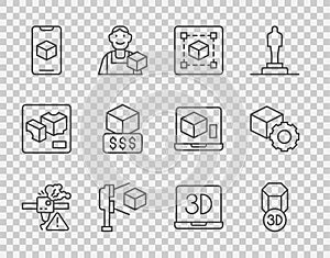 Set line 3D printer warning, Geometric figure Cube, scanner with cube, software, services, and Isometric icon. Vector