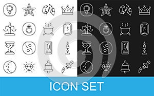 Set line Dagger, Burning candle, Magic runes, stone, Mars, Libra zodiac, Venus and Witch cauldron icon. Vector