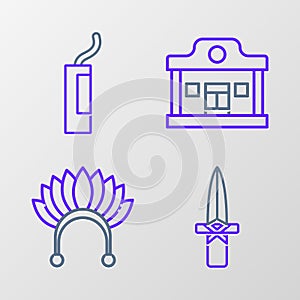 Set line Dagger, Indian headdress with feathers, Wild west saloon and Dynamite bomb icon. Vector