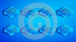 Set line Data analysis, Binary code, Pie chart infographic, Server and Mind map icon. Vector