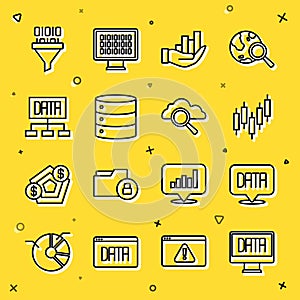 Set line Data analysis, Browser with stocks market, Pie chart infographic, Server, Binary code and Search cloud