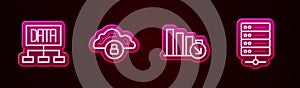 Set line Data analysis, Cloud computing lock, Financial growth decrease and Server. Glowing neon icon. Vector