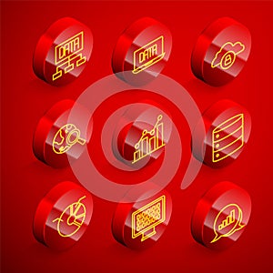 Set line Data analysis, Cloud computing lock, Search globe, Pie chart infographic, Server, and Binary code icon. Vector