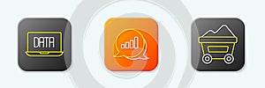 Set line Data analysis, Pie chart infographic and Coal mine trolley icon. Vector