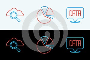 Set line Data analysis, Search cloud computing and Pie chart infographic icon. Vector
