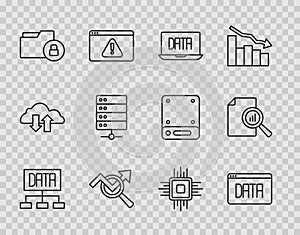 Set line Data analysis, Search data, Folder and lock, Server, Processor CPU and Document with graph chart icon. Vector