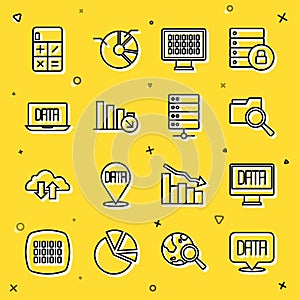 Set line Data analysis, Search with folder, Binary code, Financial growth decrease, Calculator and Server icon. Vector
