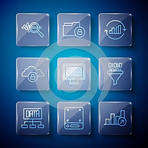 Set line Data analysis, Server, Financial growth, Pie chart infographic, Binary code, Cloud computing lock, Search data
