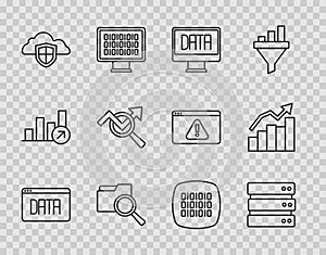 Set line Data analysis, Server, Search with folder, Cloud and shield, data, Binary code and Financial growth icon