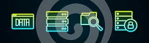 Set line Data analysis, Server, Search with folder and security padlock. Glowing neon icon. Vector