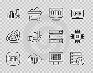 Set line Data analysis, Server security with padlock, Cloud and shield, Financial growth, Pie chart infographic, Binary