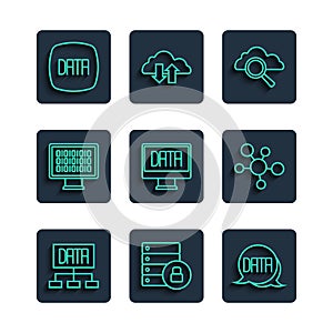 Set line Data analysis, Server security with padlock, Search cloud computing, Binary code, and Mind map infographic icon
