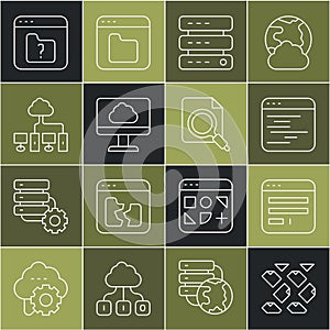 Set line Data stream, Browser window, Software, Server, Data, Web Hosting, Cloud technology data transfer, Computer