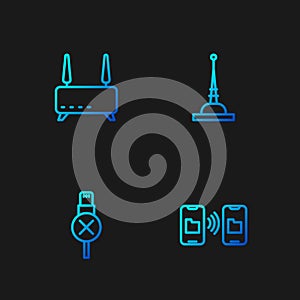 Set line Data transfer and storage, No usb cable cord, Router wi-fi signal and Antenna. Gradient color icons. Vector