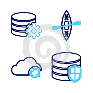 Set line Database protection, Cloud sync refresh, Kayak and paddle and Setting database server icon. Vector