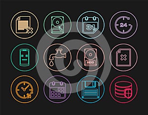 Set line Database protection, Delete file document, Calendar, Water tap, Dead mobile, Hard disk drive HDD and icon