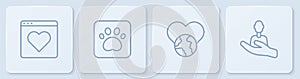Set line Dating app online, The heart world - love, Paw print and Caring for people. White square button. Vector