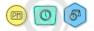 Set line Day time, Clock and Calendar and clock. Colored shapes. Vector