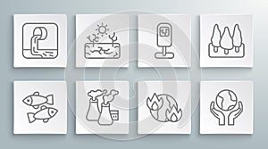 Set line Dead fish, Drought, Smoke from factory, Global warming fire, Hands holding Earth globe, Trash can, Forest and