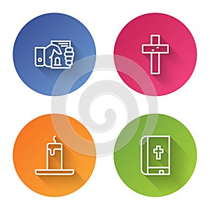 Set line Death certificate in hand, Christian cross, Burning candle and Holy bible book. Color circle button. Vector