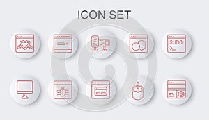 Set line Debugging, Computer monitor screen, mouse, Browser with shield, Search engine, System and icon. Vector