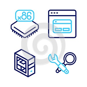 Set line Debugging, Computer, Search engine and Processor with microcircuits CPU icon. Vector