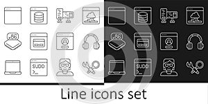 Set line Debugging, Headphones, Computer monitor screen, Search engine, Processor with microcircuits CPU, Browser window