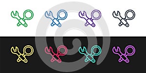 Set line Debugging icon isolated on black and white background. Debugging tool. Magnifying glass on bug programming