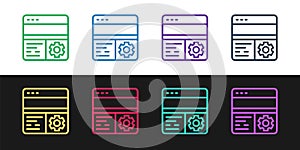 Set line Debugging icon isolated on black and white background. Debugging tool. Magnifying glass on bug programming