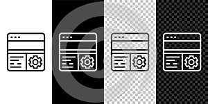 Set line Debugging icon isolated on black and white, transparent background. Debugging tool. Magnifying glass on bug