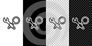 Set line Debugging icon isolated on black and white, transparent background. Debugging tool. Magnifying glass on bug