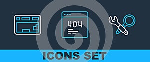 Set line Debugging, Keyboard and Page with 404 error icon. Vector