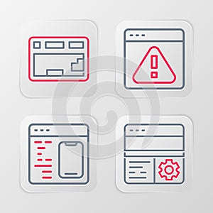 Set line Debugging, Software, Browser with exclamation mark and Keyboard icon. Vector