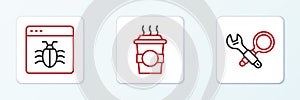Set line Debugging, System and Coffee cup to go icon. Vector