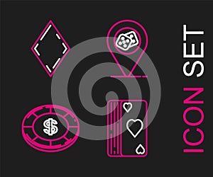 Set line Deck of playing cards, Casino chip with dollar symbol, location and Playing diamonds icon. Vector