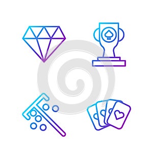 Set line Deck of playing cards, Stick for chips, Diamond and Casino poker trophy cup. Gradient color icons. Vector
