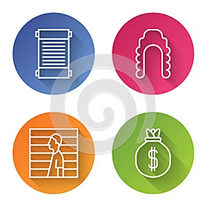 Set line Decree, paper, parchment, scroll, Judge wig, Suspect criminal and Money bag. Color circle button. Vector