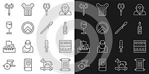 Set line Decree, parchment, scroll, Ancient Greek pattern, Bottle of wine, Neptune Trident, shield, Wine glass, Medieval