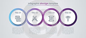 Set line Decree, parchment, scroll, Crossed medieval sword, and Medieval axe. Business infographic template. Vector