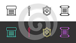 Set line Decree, parchment, scroll, Medieval spear, Shield and on black and white. Vector