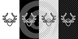 Set line Deer antlers on shield icon isolated on black and white background. Hunting trophy on wall. Vector