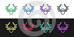 Set line Deer antlers on shield icon isolated on black and white background. Hunting trophy on wall. Vector