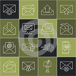 Set line Delete envelope, Chat messages notification on phone, Envelope, Upload inbox, Speech bubble with, setting and
